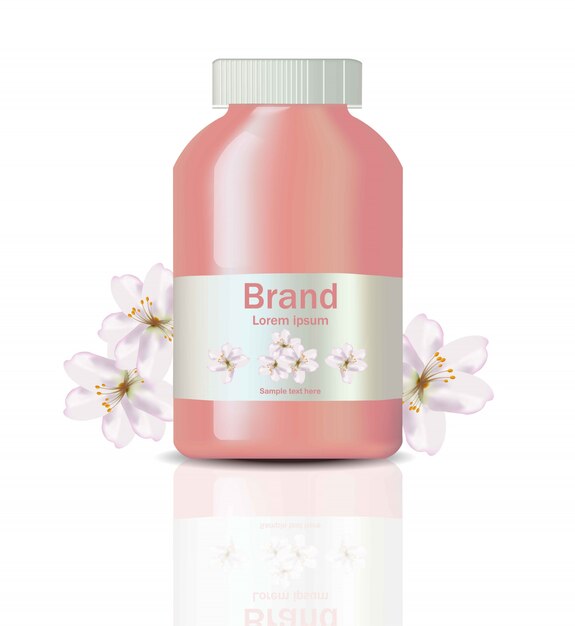 Étiquette De Paquet Vector Réaliste De Jus De Cerise Avec Des Fleurs De Cerisier