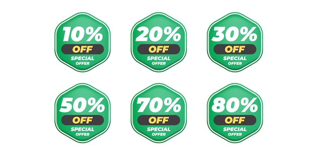 Vecteur Étiquette de remise d'offre spéciale verte avec un pourcentage de vente différent 10 20 30 70 50 % de réduction sur la promotion du badge de réduction de prix