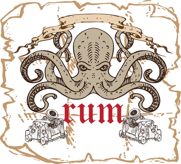 Étiquette De Rhum Avec Un Motif De Pieuvre Kraken Dans Le Style De La Gravure Ancienne