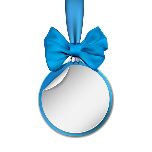 Vecteur Étiquette ronde en papier de vacances comme une boule de noël, accrochée à un ruban bleu avec un arc. illustration vectorielle isolée sur fond blanc