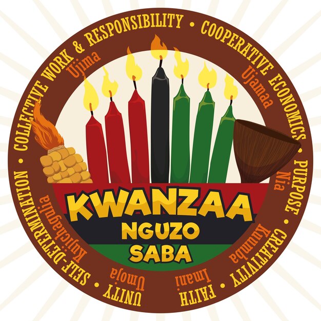 Vecteur Étiquette avec les sept principes du patrimoine africain et bougies coupe de maïs et drapeau de kwanzaa