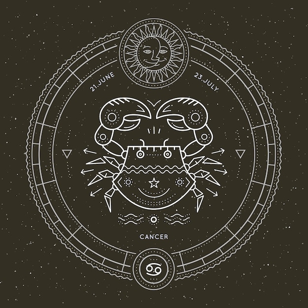 Étiquette De Signe Du Zodiaque Cancer Vintage Fine Ligne. Symbole Astrologique De Vecteur Rétro, élément De Géométrie Mystique, Sacré, Emblème, Logo. Illustration De Contour De Course.