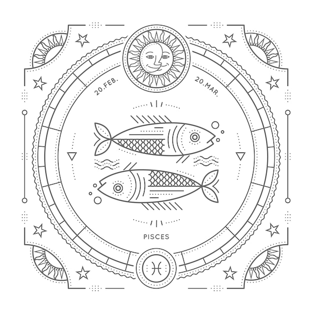 Étiquette De Signe Du Zodiaque Poissons Vintage Fine Ligne. Symbole Astrologique Rétro, Mystique, élément De Géométrie Sacrée, Emblème, Logo. Illustration De Contour De Course. Sur Fond Blanc.