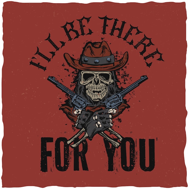 Étiquette de t-shirt de cow-boy avec illustration du crâne ath le chapeau avec deux pistolets aux mains.