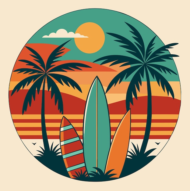 Étiquette de T-shirt d'inspiration rétro avec des planches de surf vintage et des palmiers