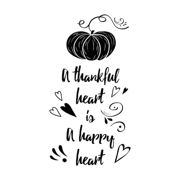 Étiquette De Thanksgiving Dessinée à La Main Avec Ornement Dessiné à La Main De Citrouille Orange Et Texte Noir Sur Le Coeur Reconnaissant Sur Fond Blanc Citation De Vecteur Pour Le Jour De Thanksgiving Conception De Typographie Pour Carte De Voeux