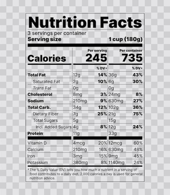 Étiquette De Valeur Nutritive Informations Sur Les Aliments Avec Valeur Quotidienne Affichage à Double Colonne Par Portion Par Contenant