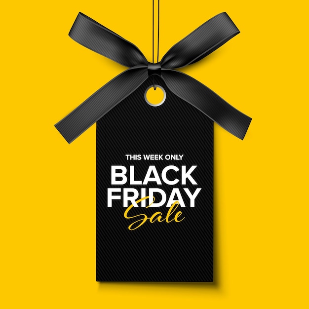 Vecteur etiquette de vente du black friday étiquette de prix avec un ruban noir isolé sur fond jaune vector