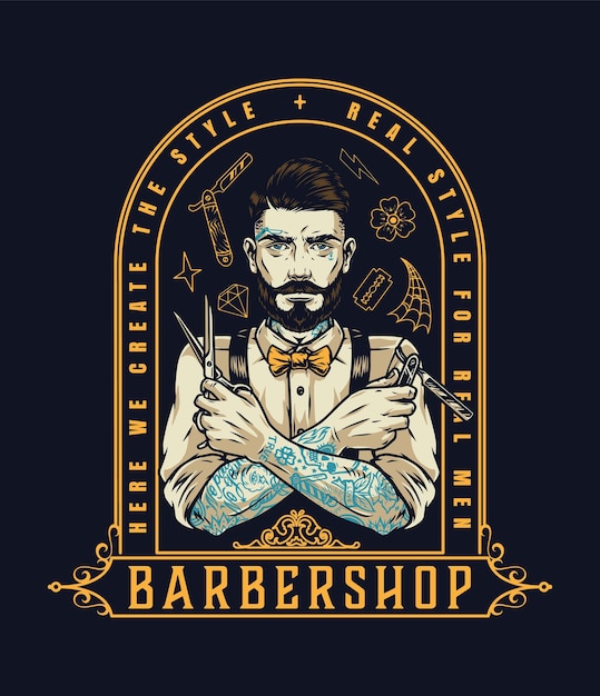 Vecteur Étiquette vintage de salon de coiffure avec un élégant coiffeur barbu tatoué tenant des ciseaux et un rasoir droit isolé illustration vectorielle