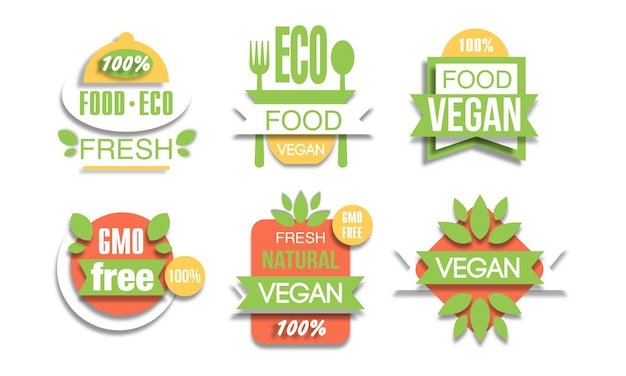 Les étiquettes d'aliments frais écologiques définissent les aliments végétaliens naturels sans OGM illustration vectorielle