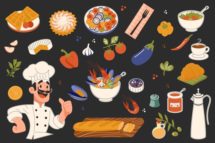 Étiquettes d'aliments français en design graphique plat Collection d'éléments de guêpes de chef ratatouille fromage huître et crevettes baguette pain croissant huile d'olive café autre illustration vectorielle