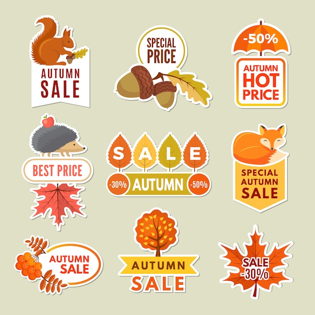 Étiquettes Et Badges D'automne. Autocollants à Prix Réduits Des Grandes Ventes D'automne Avec Renard, Hérisson Et Gland. Feuilles Orange Et Jaunes