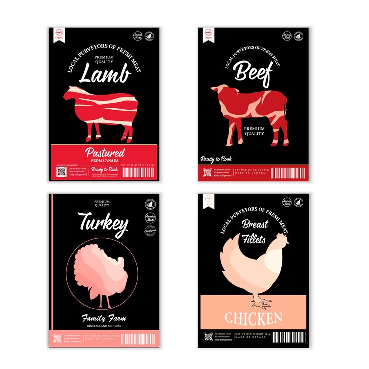 Étiquettes de boucherie de vecteur avec des silhouettes d'animaux de ferme. Icônes de vache, de poulet, de porc, d'agneau, de dinde et de canard et textures de viande pour l'épicerie, les magasins de viande, l'emballage et la publicité