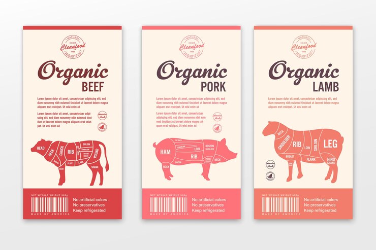 Étiquettes de boucherie de vecteur avec des silhouettes d'animaux de ferme. Icônes de vache, de poulet, de porc, d'agneau, de dinde et de canard et textures de viande pour l'épicerie, les magasins de viande, l'emballage et la publicité