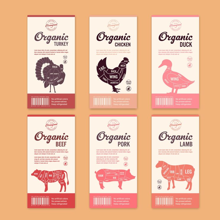 Étiquettes de boucherie de vecteur avec des silhouettes d'animaux de ferme. Icônes de vache, de poulet, de porc, d'agneau, de dinde et de canard et textures de viande pour l'épicerie, les magasins de viande, l'emballage et la publicité