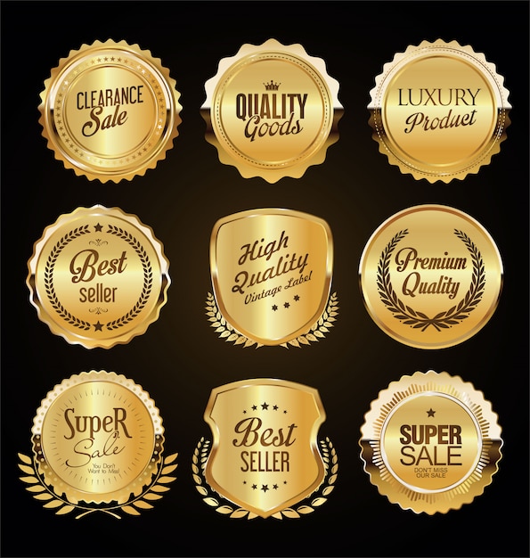 Étiquettes et boucliers de badges dorés vintage rétro
