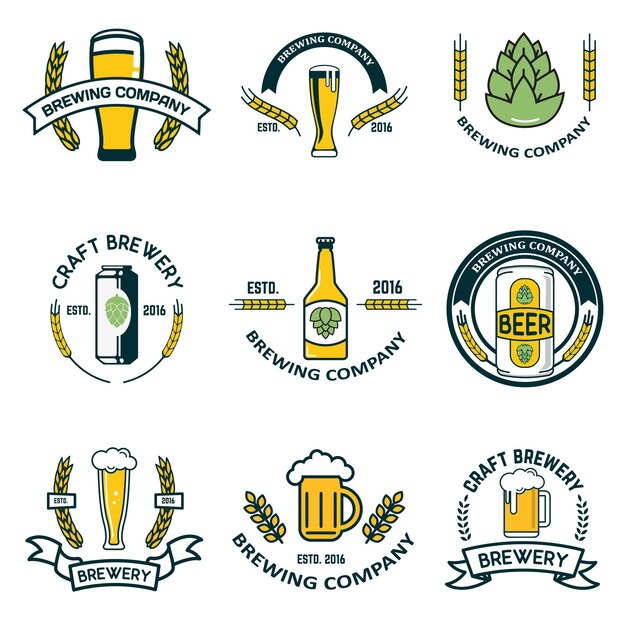 Étiquettes De Brasserie Et éléments De Conception Tasses De Bière Bouteilles De Houblon Couronne De Blé éléments De Conception Pour L'étiquette Du Logo L'emblème De La Marque L'illustration Vectorielle