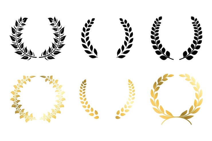Étiquettes de gagnant de laurier Insigne de luxe doré et noir Branches de triomphe grecques ou romaines Maquettes de médailles de champion avec espace de copie Modèles de nomination pour la cérémonie de remise des prix Ensemble de couronnes vectorielles