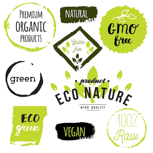 Vecteur Étiquettes d'icônes d'aliments sains etiquettes biologiques éléments de produits naturels logo pour restaurant végétarien