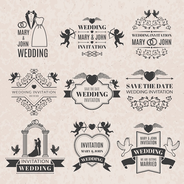 Vecteur étiquettes de mariage en style victorien. images monochromes pour badges ou logos