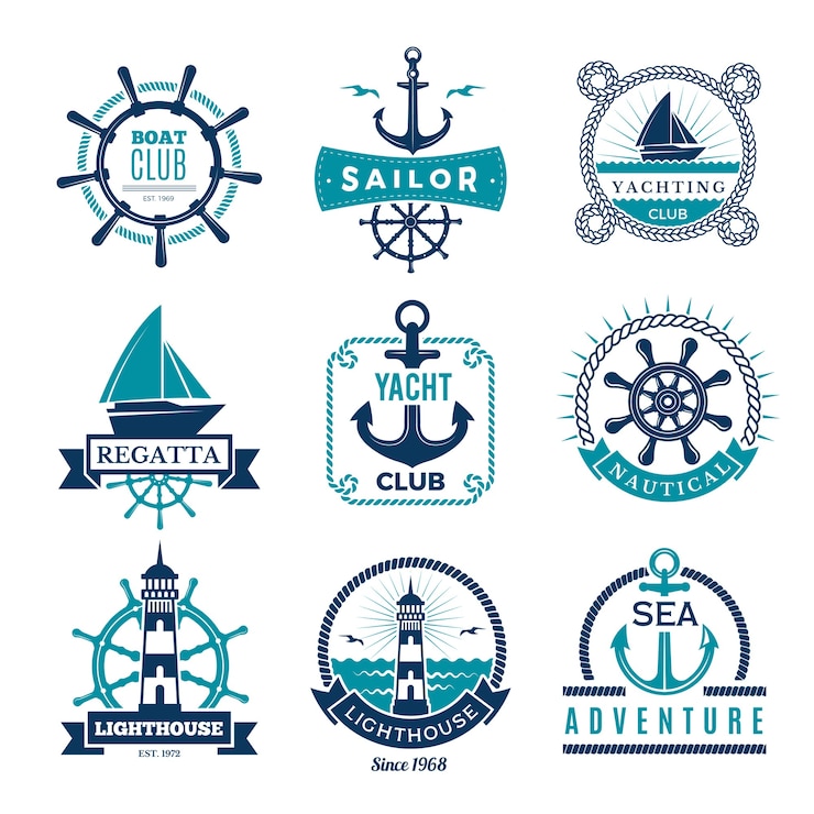 Vecteur étiquettes marines. logo nautique de bateaux à voile corde et insignes encadrés noeud marin