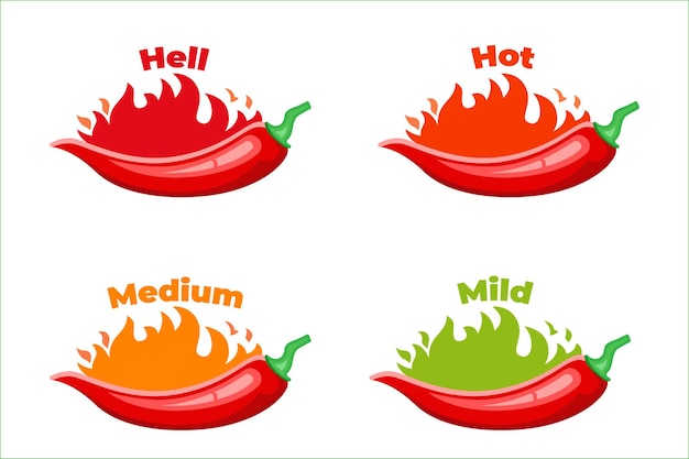 Étiquettes De Niveau De Piment Chaud, Piment, Icône De Paquet De Sauce Aux Poivrons Rouges.