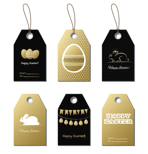 Étiquettes D'or De Pâques Salutations De Pâques Petites Cartes-cadeaux Vectorielles Pour La Conception De Pâques Avec Lapin Et Oeufs