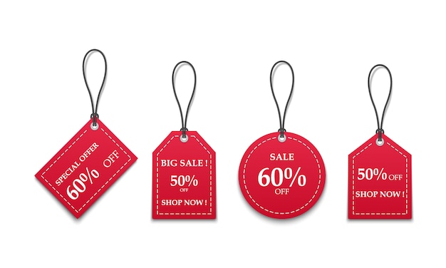 Étiquettes de prix papier rouge 3D vente isolé sur fond blanc