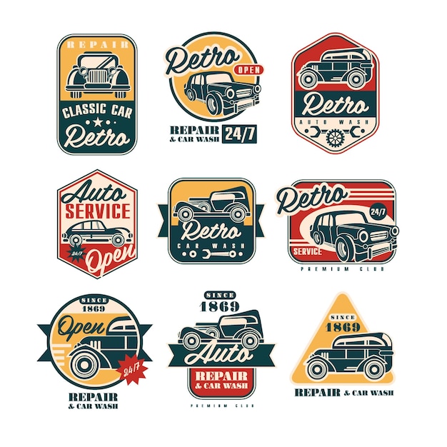 Étiquettes De Style Vintage De Réparation De Voitures, Logo De Service Automobile, Badge Vectoriel, Illustrations Isolées Sur Un Fond Blanc