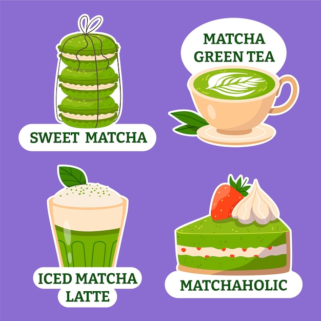 Vecteur Étiquettes de thé matcha en forme plate