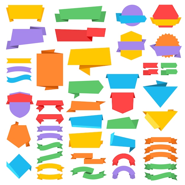 Les étiquettes De Vecteur Vintage Et Des Insignes Avec Des Bannières De Ruban Dans Un Style Origami. Illustration D'origami Autocollant Bannière
