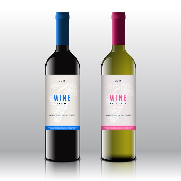 Vecteur Étiquettes de vin rouge et blanc de qualité supérieure sur les bouteilles réalistes. propre et moderne avec grappe de raisins dessinés à la main, feuille et typographie minimale élégante.