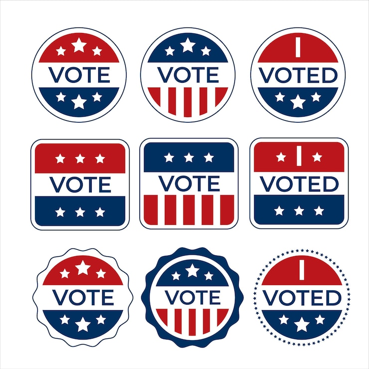 Vecteur étiquettes de vote avec drapeau américain badge d'électeur boutons de vote le jour des élections usa elec