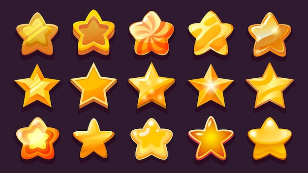 Étoile de l'interface utilisateur du jeu Jeu de cuivre en bronze doré gagnant des étoiles de diverses formes Actif de jeu 2D de collection de signes de réussite brillant brillant Ensemble d'éléments d'interface mignons vectoriels