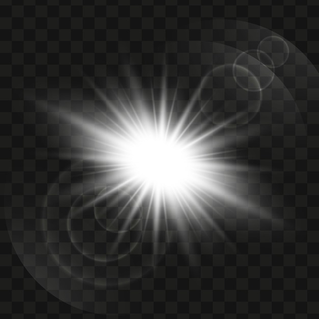 Vecteur Étoile de lumière rougeoyante blanche, soleil brillant transparent, étoile explose et flash lumineux, starburst lumineux.