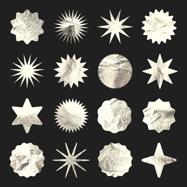 Les étoiles argentées, les symboles de l'éclat du soleil, la feuille d'or brillante, les symboles du rayon de soleil vintage, les étiquettes d'achat, la vente ou