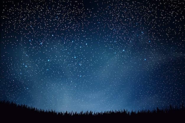 Vecteur Étoiles dans le ciel nocturne. ciel bleu nuit sombre avec de nombreuses étoiles au-dessus du champ d'herbe. étoiles brillantes et nuages. contexte