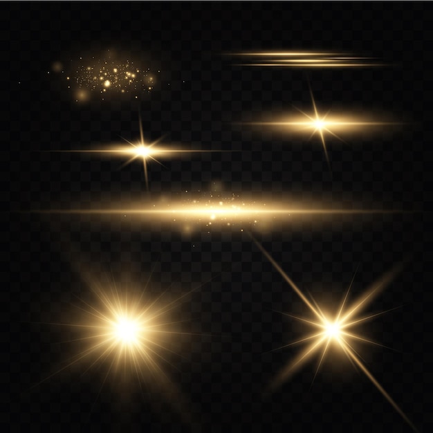 Vecteur Étoiles dorées brillantes effets de lumière éblouissement explosion de paillettes lumière dorée illustration vectorielle