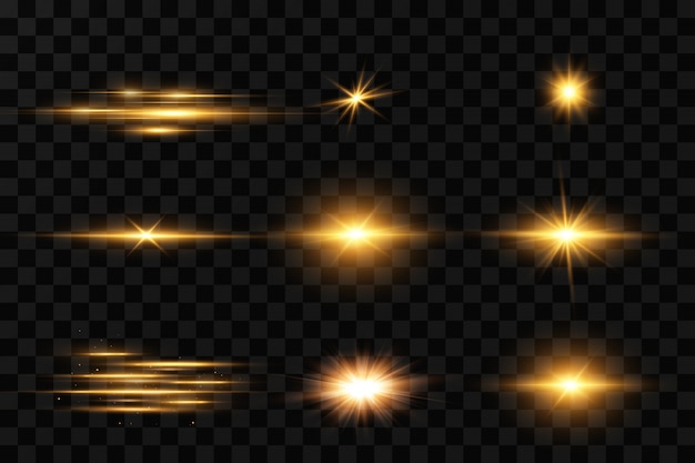 Étoiles Dorées Brillantes Sur Fond Noir. Effets, Reflets, Lignes, Paillettes, Explosion, Lumière Dorée. Illustration.