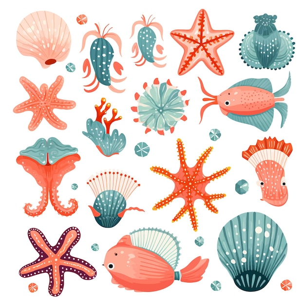 Des étoiles De Mer Dessinées à La Main, Des Coquillages, Des Crabes, Des Chevaux De Mer, Des Dessins Animés, Des Illustrations Vectorielles, Des Cliparts, Un Fond Blanc.