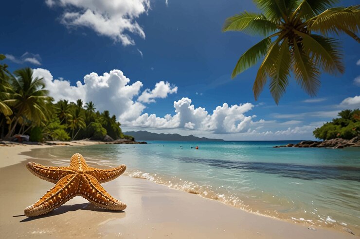 Vecteur des étoiles de mer et des palmiers sur une plage avec un palmier en arrière-plan