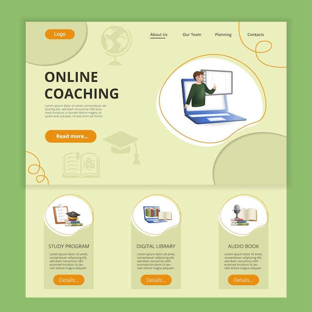 Étude de modèle de site Web de page de destination plate de coaching en ligne