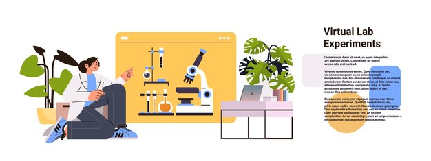 Vecteur Étudiant en blouse médicale réalisant des expériences chimiques dans un laboratoire virtuel chercheur scientifique utilisant l'apprentissage à distance au microscope numérique