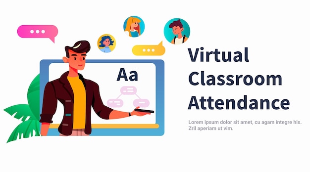 étudiant en classe virtuelle utilisant un tableau interactif intelligent présence virtuelle e-learning concept d'éducation en ligne illustration vectorielle de l'espace de copie horizontale