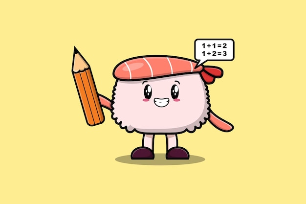 Étudiant Intelligent De Dessin Animé Mignon De Crevette De Sushi Avec Un Design De Style Crayon Dans Un Style Plat Moderne