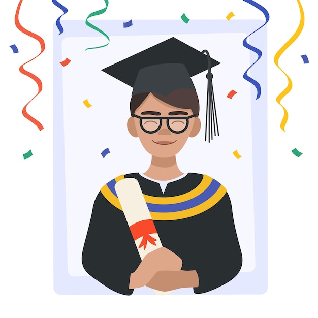 Étudiant en toge et casquette de graduation Un étudiant détient un diplôme et célèbre l'obtention du diplôme