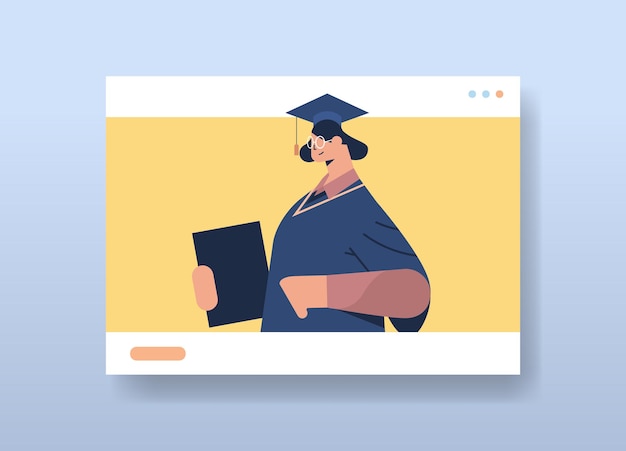 Vecteur Étudiante diplômée dans la fenêtre du navigateur web femme diplômée célébrant le diplôme universitaire diplôme éducation certificat universitaire