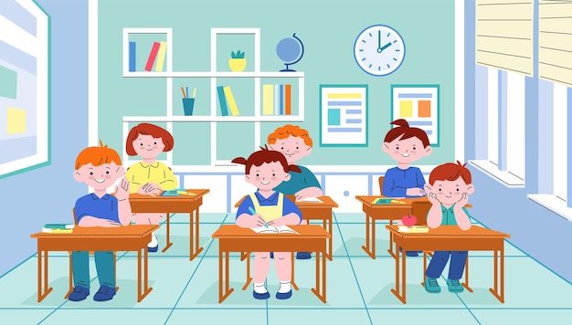 Étudiants en classe Comportement des élèves élèves assis à un bureau sur la leçon École collège enfants dessin animé enfants kicky scène vectorielle éducative de l'éducation en classe étude étudiant illustration