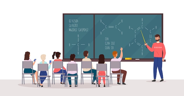 Étudiants à la conférence Le professeur parle dans le groupe d'auditeurs du public sur des chaises vue arrière du tableau avec des formules chimiques jeunes à l'université et au collège Education vecteur concept de dessin animé de style plat