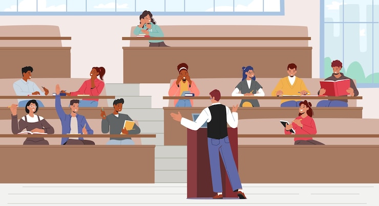 Vecteur étudiants dans la salle de conférence auditorium de l'université avec le dos de l'enseignant et les étudiants vue de face éducation des participants au cours